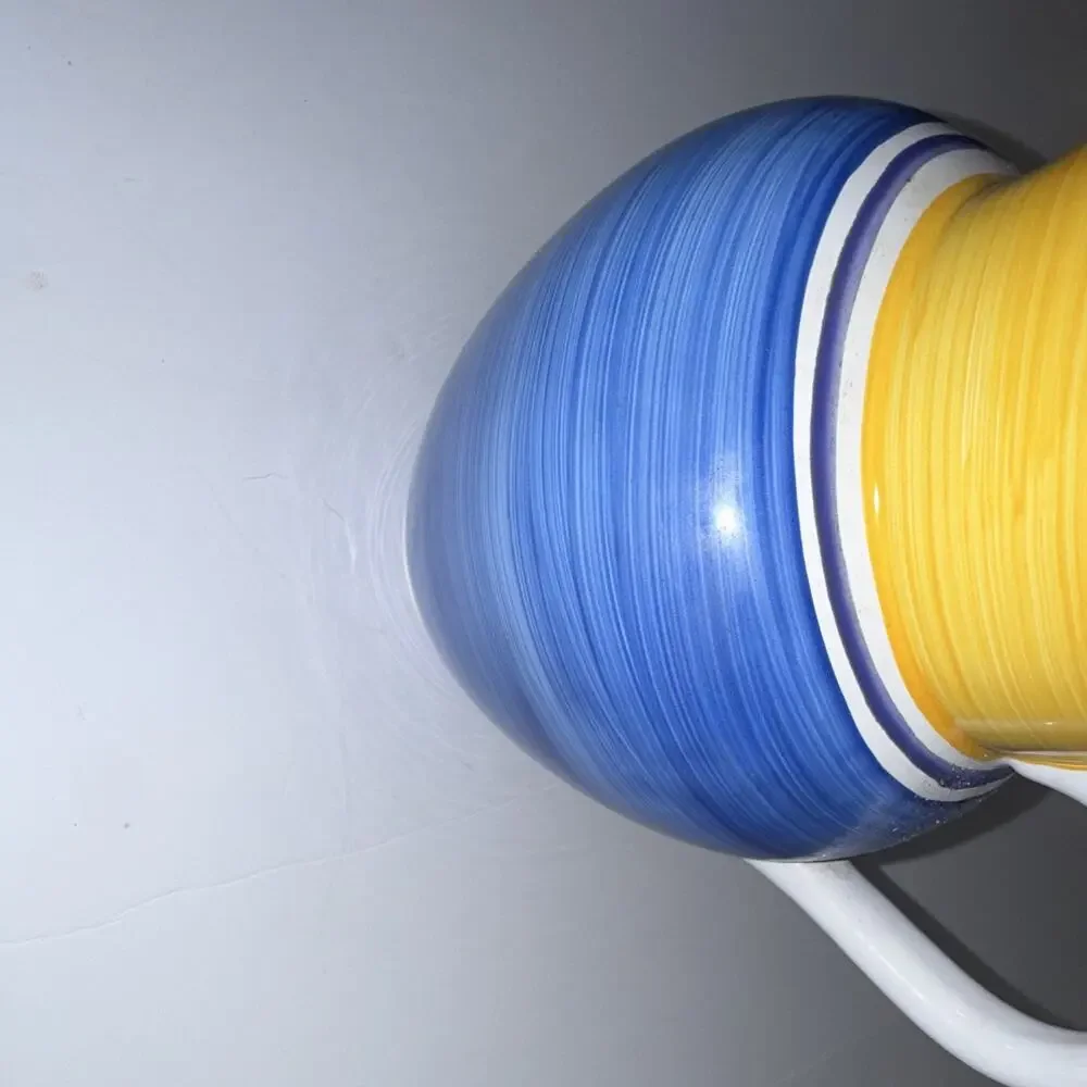 Dansk Stoneware Creamer, Striped Blue Yellow White, Portugal, DW/MW Safe